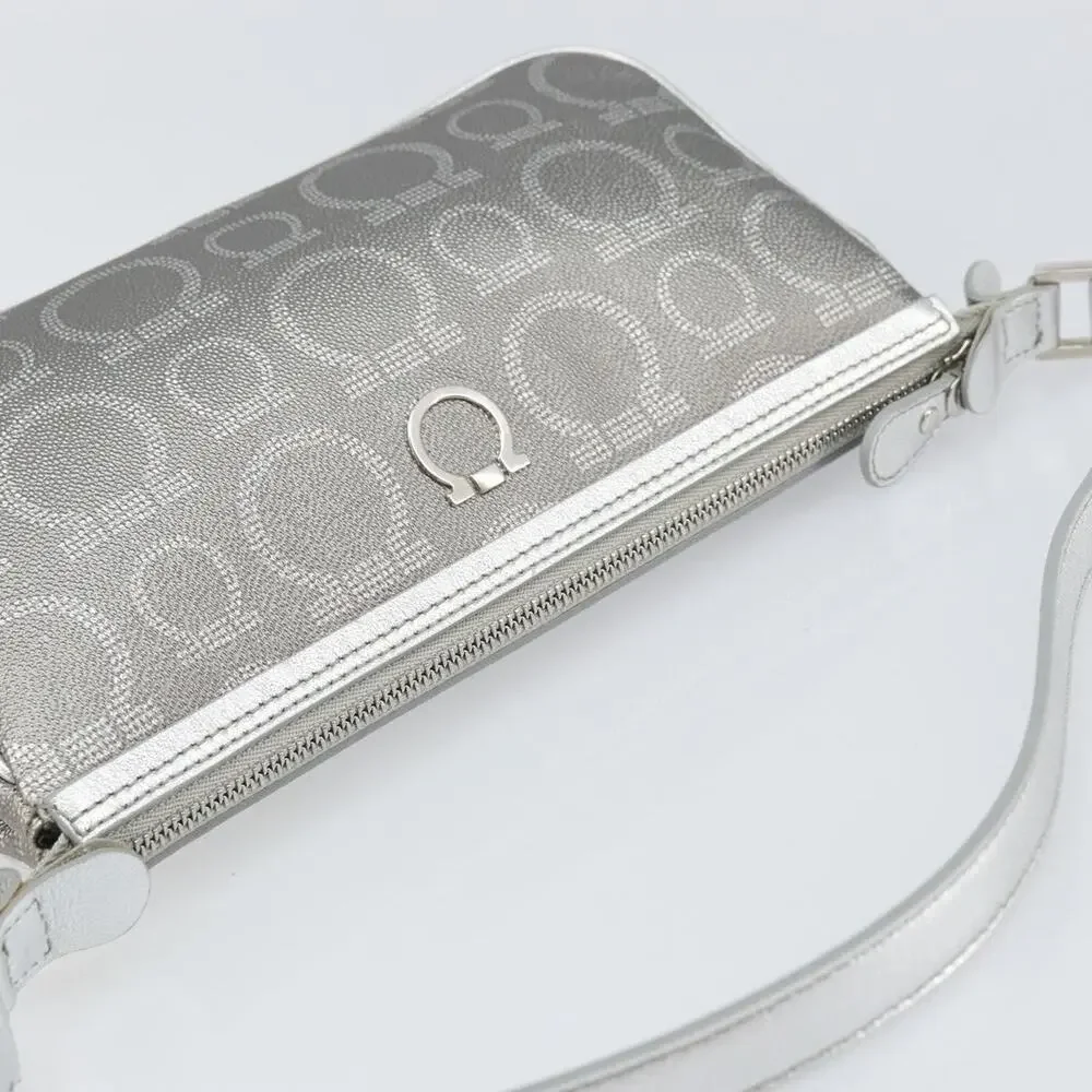 Salvatore Ferragamo Leather Coated Canvas Hand Pouch Silver